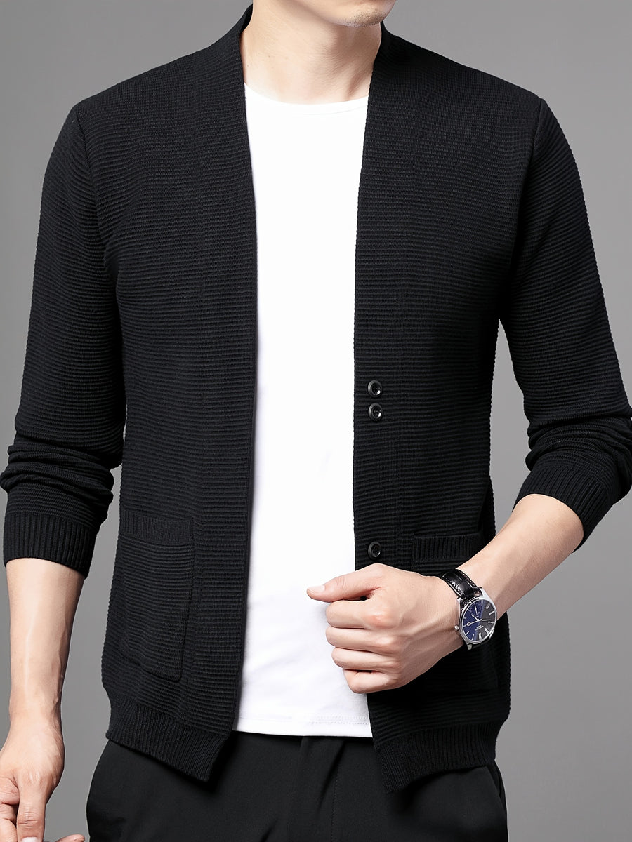 [Wading Whale OBM] Spring/Summer New Men'S Knit Cardigan, Old Money Style Solid Color V-Neck Long Sleeve Open Front Sweater Jacket with Single Button Closure And Side Pockets, Suitable for Spring And Autumn Layering Or Outerwear - Black