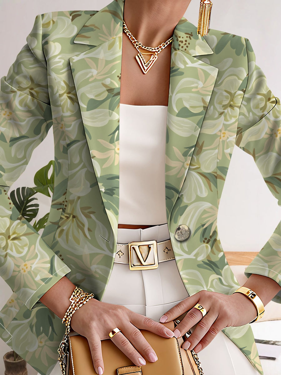 Seasonal Elegant Printed Outerwear, Classic Suit And Cardigan Combined Design. Premium Printed Details, Comfortable to Wear. Matches Well for Casual Elegant Daily And Elegant Party Dressing - White Flowers On Green Background