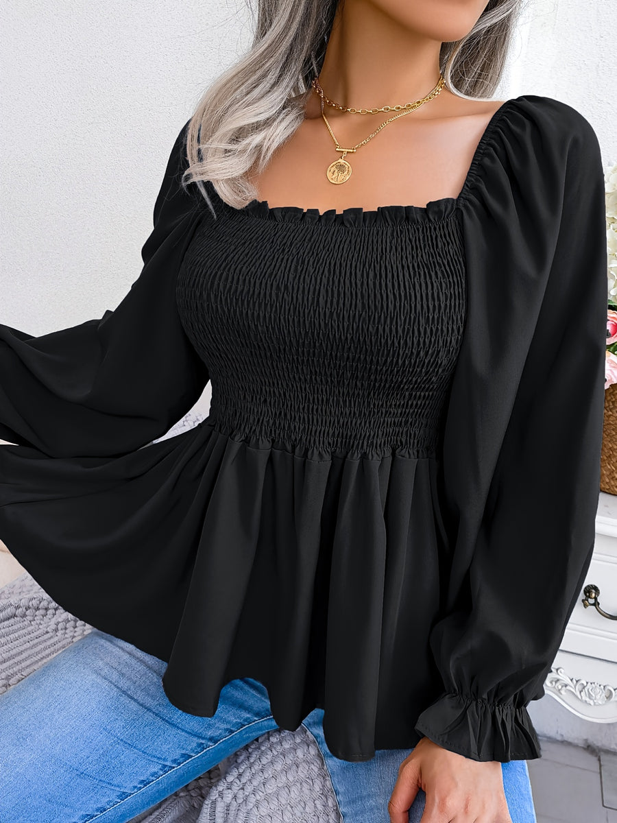 2023 Spring/Summer European and American Casual Solid Color Square Neck Flared Sleeve Ruffle Hem Chiffon Blouse - Black