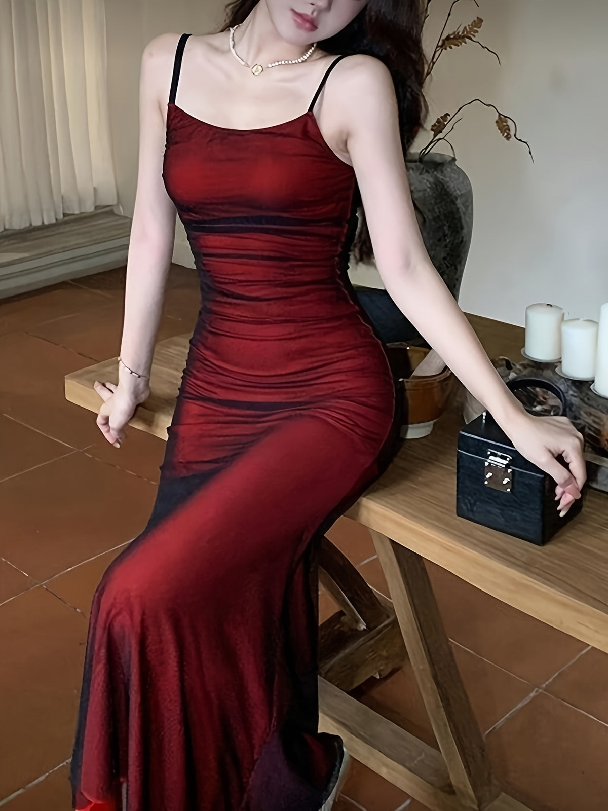 Women's Fashion New Black Sheer Red Strap Hip-Enhancing Dress with Waist Cinching Design, Long Dress - Mixed colors