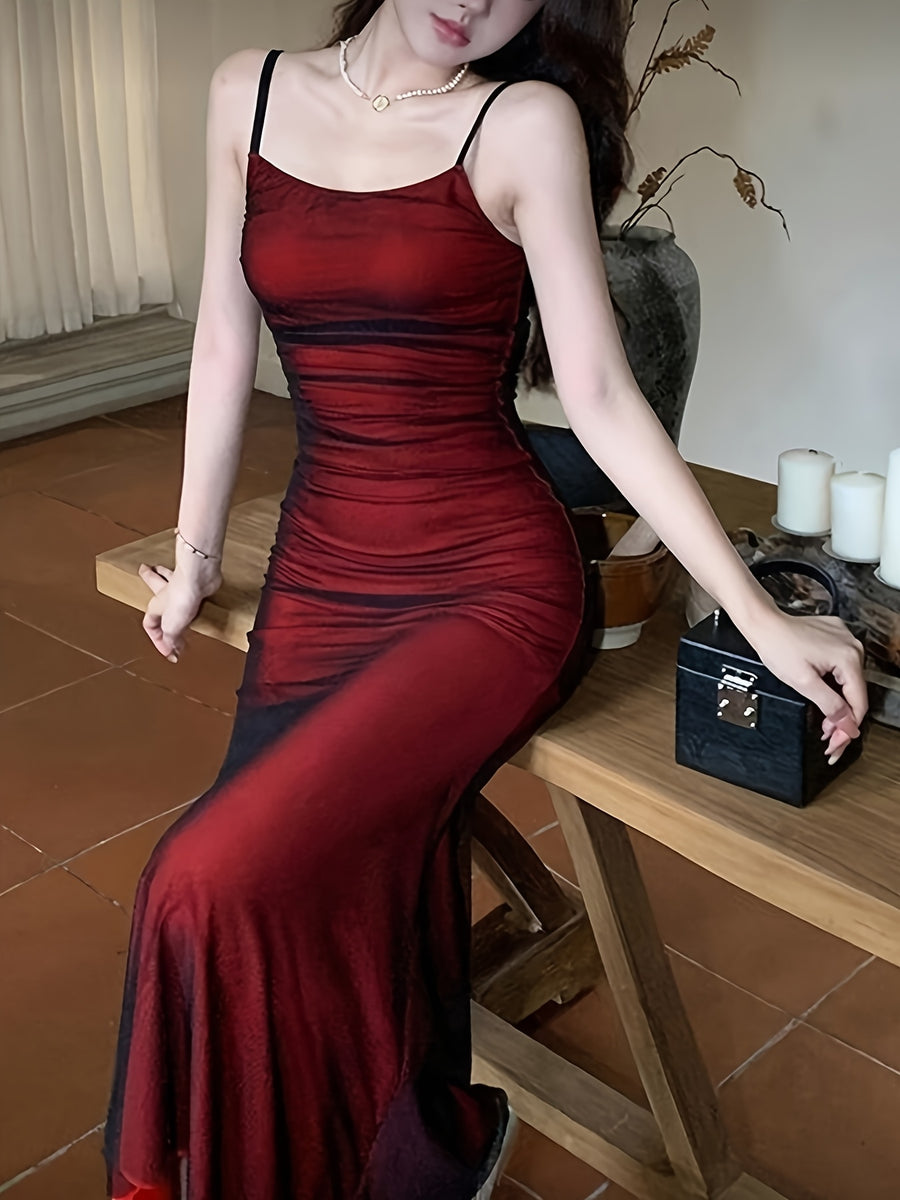 Women's Fashion New Black Sheer Red Strap Hip-Enhancing Dress with Waist Cinching Design, Long Dress - Mixed colors