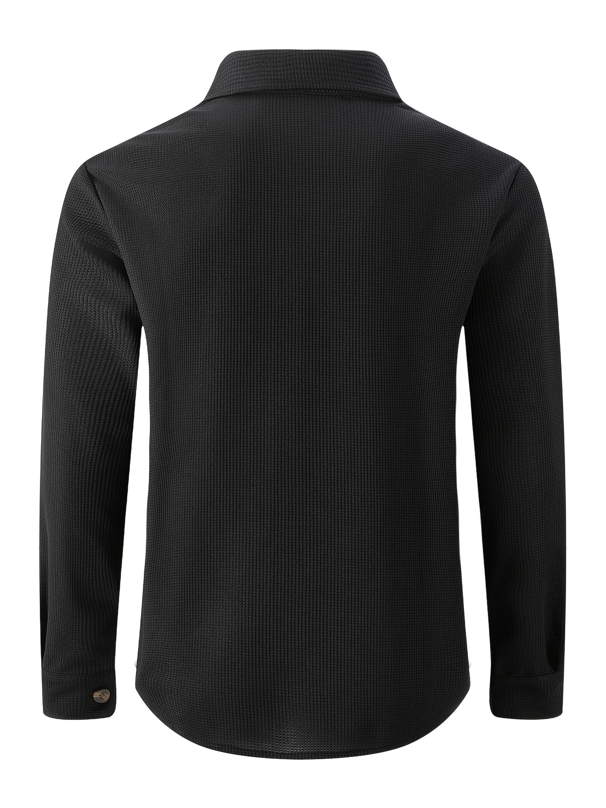 Men'S Waffle Knit Long Sleeve Button-Up Shirt, Casual Lapel Workwear with Chest Pocket, Lightweight And Breathable Daily Top, Autumn Menswear - Black