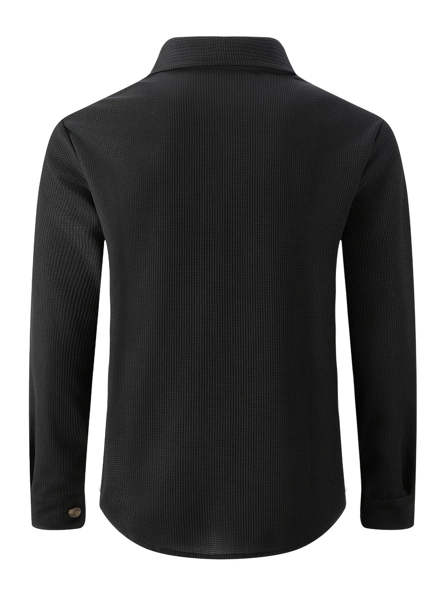 Men'S Waffle Knit Long Sleeve Button-Up Shirt, Casual Lapel Workwear with Chest Pocket, Lightweight And Breathable Daily Top, Autumn Menswear - Black