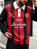 American Retro Los Angeles Letter Long Sleeve Men'S Polo, Red Black Pinstripe Contrast Casual Polo - Red