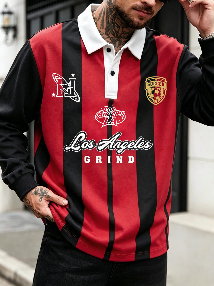 American Retro Los Angeles Letter Long Sleeve Men'S Polo, Red Black Pinstripe Contrast Casual Polo - Red