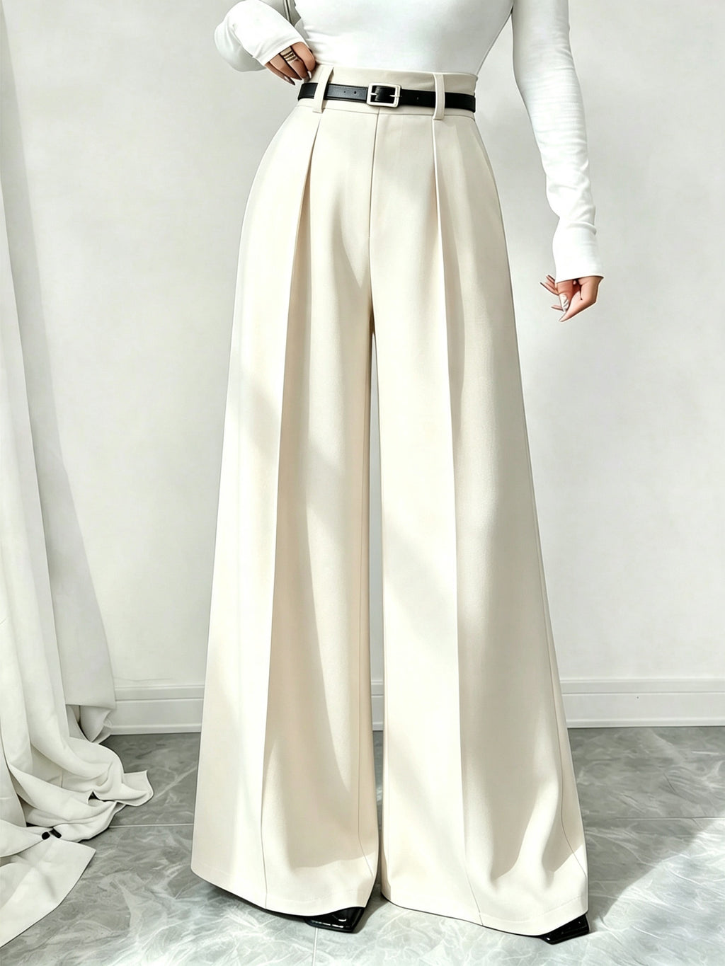 Women High Waist Front Pleated Wide Leg Dress Pants Without Belt, Elegant Flowy Straight Leg Suit Palazzo Trousers, Casual Business Office Work Long Pants, Loose Fit Formal Trousers for Ladies Daily Work Outfit - Apricot