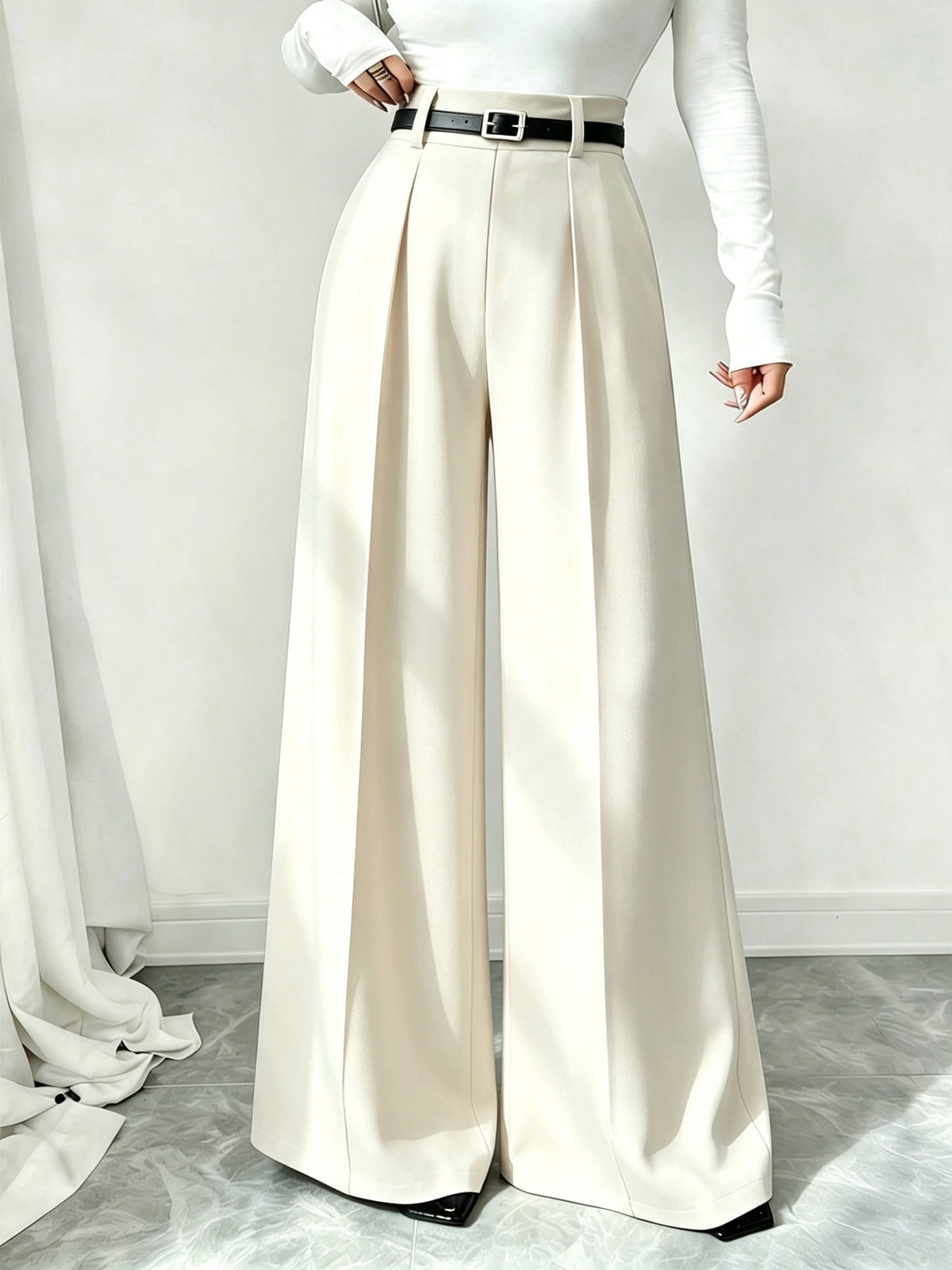 Women High Waist Front Pleated Wide Leg Dress Pants Without Belt, Elegant Flowy Straight Leg Suit Palazzo Trousers, Casual Business Office Work Long Pants, Loose Fit Formal Trousers for Ladies Daily Work Outfit - Apricot