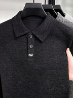 Men's Multi-Color Floral Yarn Lapel Polo Knit Shirt for Autumn, Long Sleeve Thick Pullover Top with Textured Finish, Suitable for Business Commuting, Business Trips & Parties, Daily Home Wear, and Casual Layering - NightSandBlack