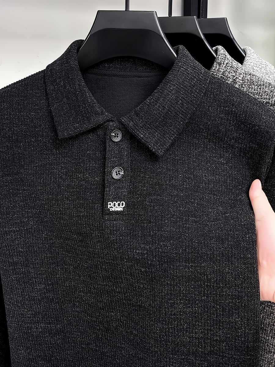 Men's Multi-Color Floral Yarn Lapel Polo Knit Shirt for Autumn, Long Sleeve Thick Pullover Top with Textured Finish, Suitable for Business Commuting, Business Trips & Parties, Daily Home Wear, and Casual Layering - NightSandBlack