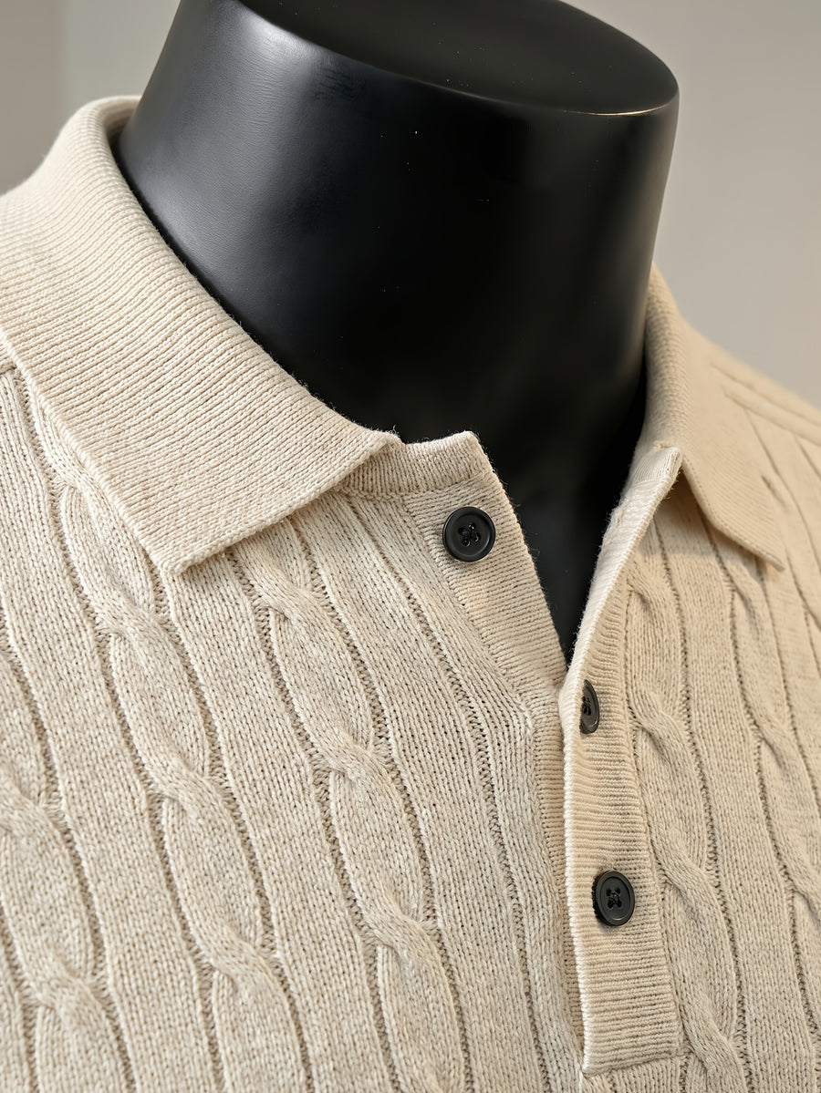 Short Sleeve Knit Sweater 2026 Spring/Summer New Arrival Cable Knit Lapel Slimming Pullover Top, Vertical Stripes with Intricate Cable Knit Slimming Texture, Light Luxury Business High-Quality Style, Fashionable, Simple, and Handsome - Apricot
