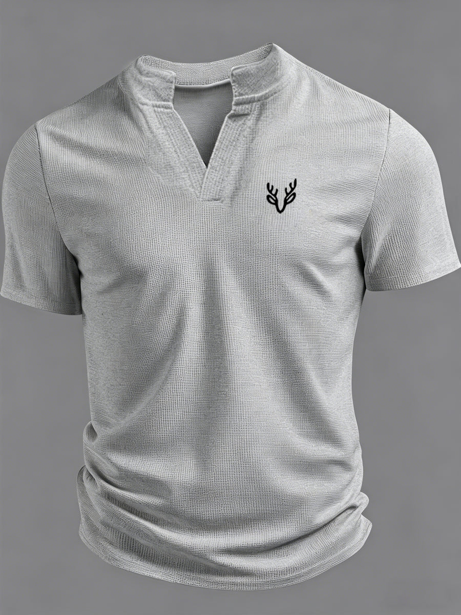 Men's V-neck Short-Sleeve T-shirt with Unique Small Print, Waffle Knit Fabric, Comfortable Men's Half-Sleeve Top - Gray 5