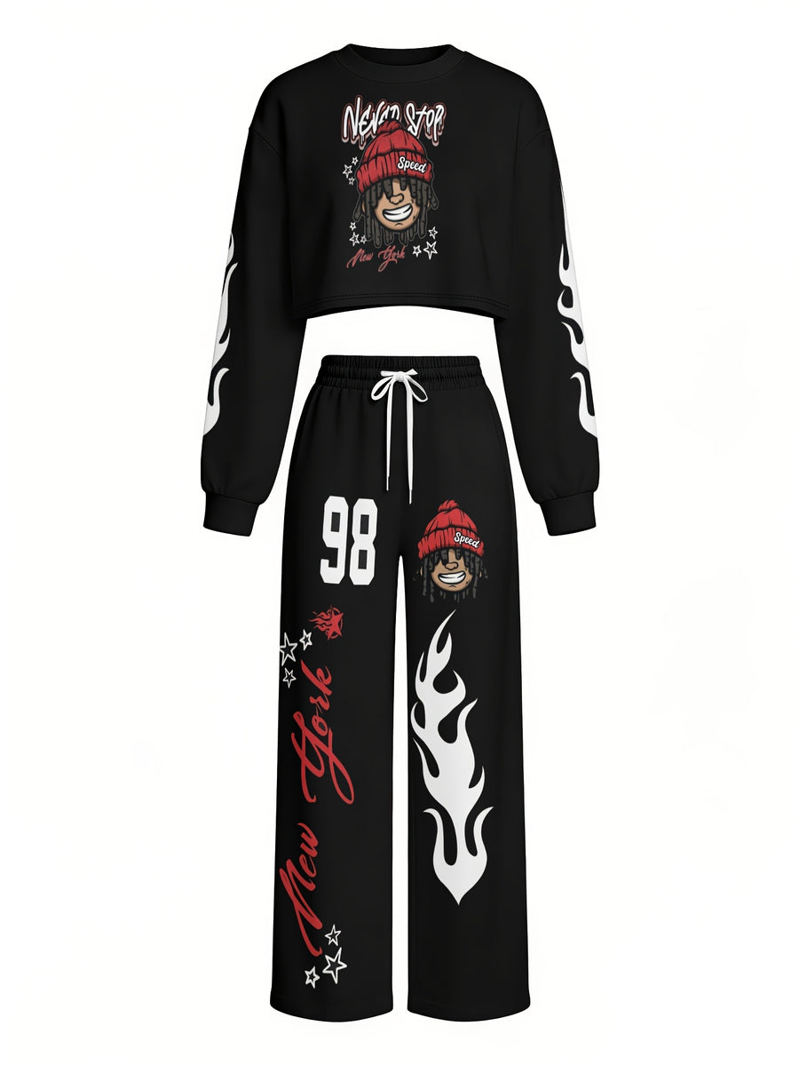 Women 2pcs Y2K Tracksuit, New York Cartoon Character 98 White Flame Print Crop Long Sleeve Sweatshirt And Drawstring Wide Leg Pants Hip Hop Streetwear Outfit - Mixed colors