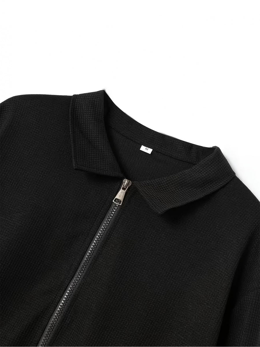 Men'S Waffle Texture Lapel Jacket - Minimalist Letter Print - Premium Texture And Layered Feel - Soft, Breathable, Comfortable, Versatile - Functional Pockets for Storage - Ideal for Business Commute, Casual Wear, And Travel - Black