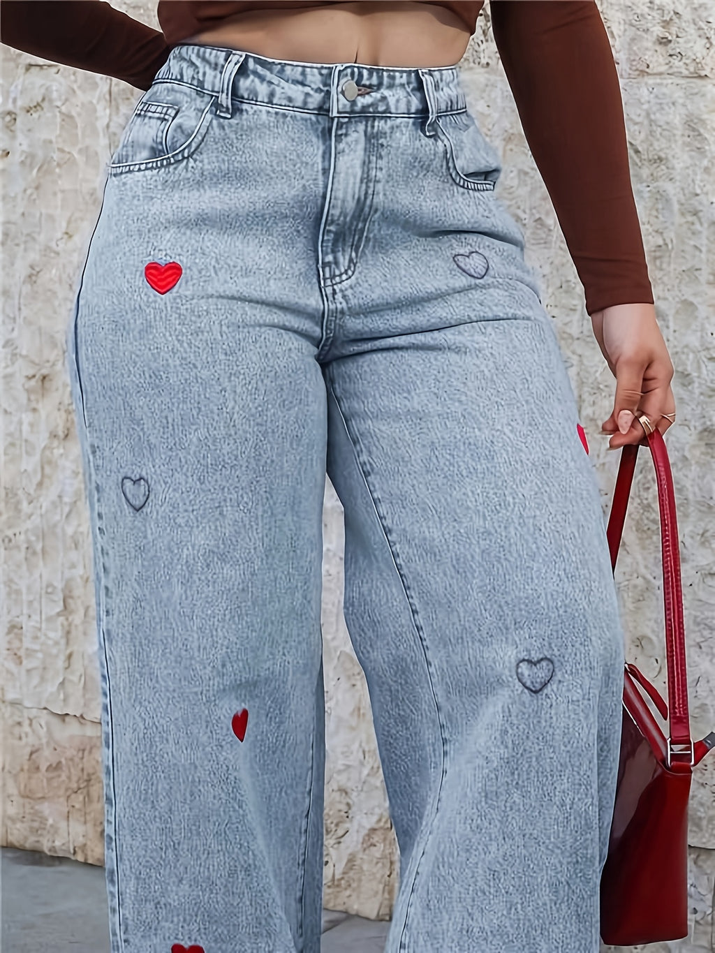 26AW Plus Size Casual Light Blue Washed Jeans with Heart Embroidery, Suitable for Daily Commute, Dates, Parties, And Autumn/Winter And Summer Festivals, Christmas, New Year, Thanksgiving, Weddings, Beach, Graduation, Fashionable, Elegant, Casual - Powder blue