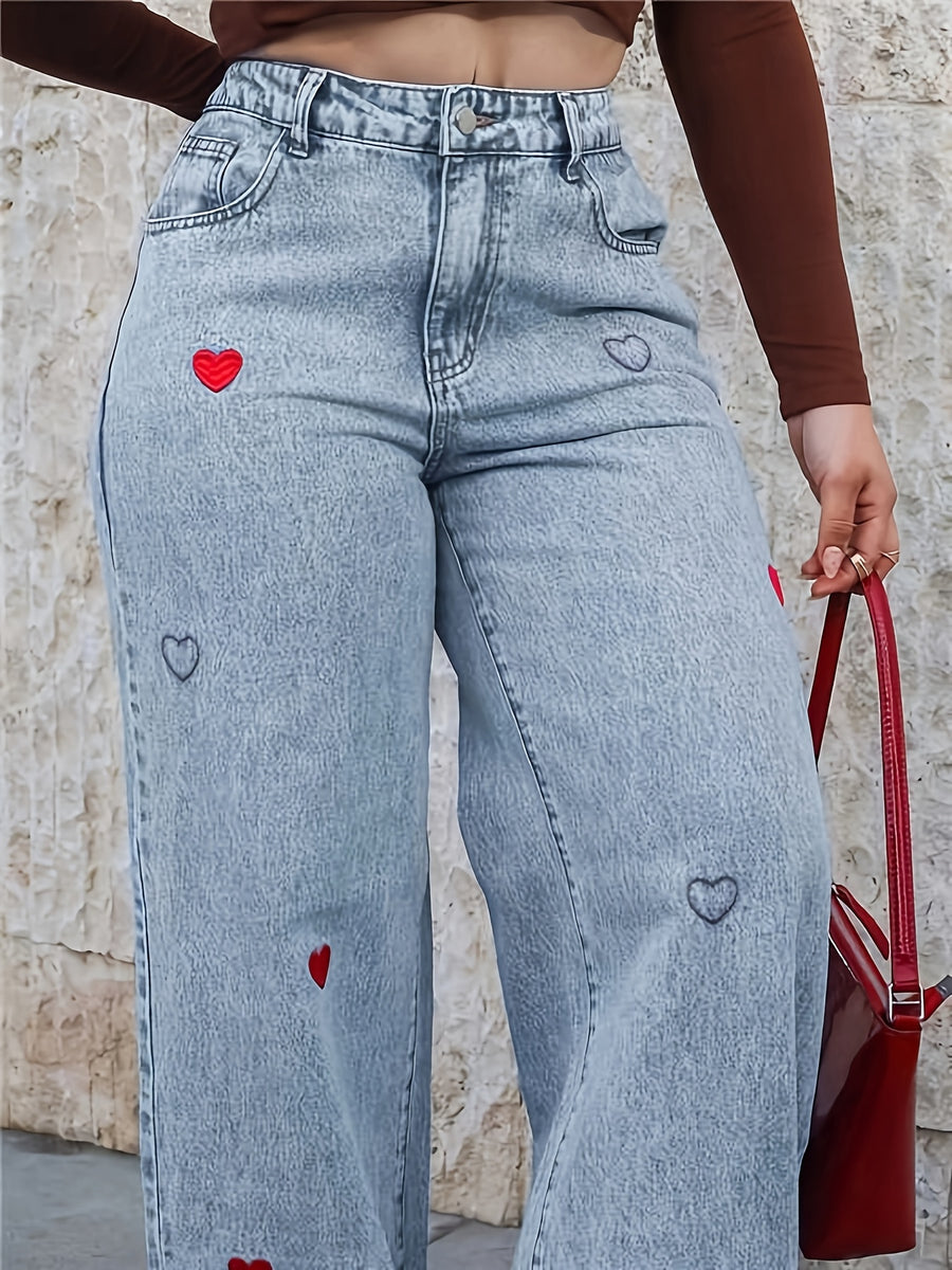 26AW Plus Size Casual Light Blue Washed Jeans with Heart Embroidery, Suitable for Daily Commute, Dates, Parties, And Autumn/Winter And Summer Festivals, Christmas, New Year, Thanksgiving, Weddings, Beach, Graduation, Fashionable, Elegant, Casual - Powder blue