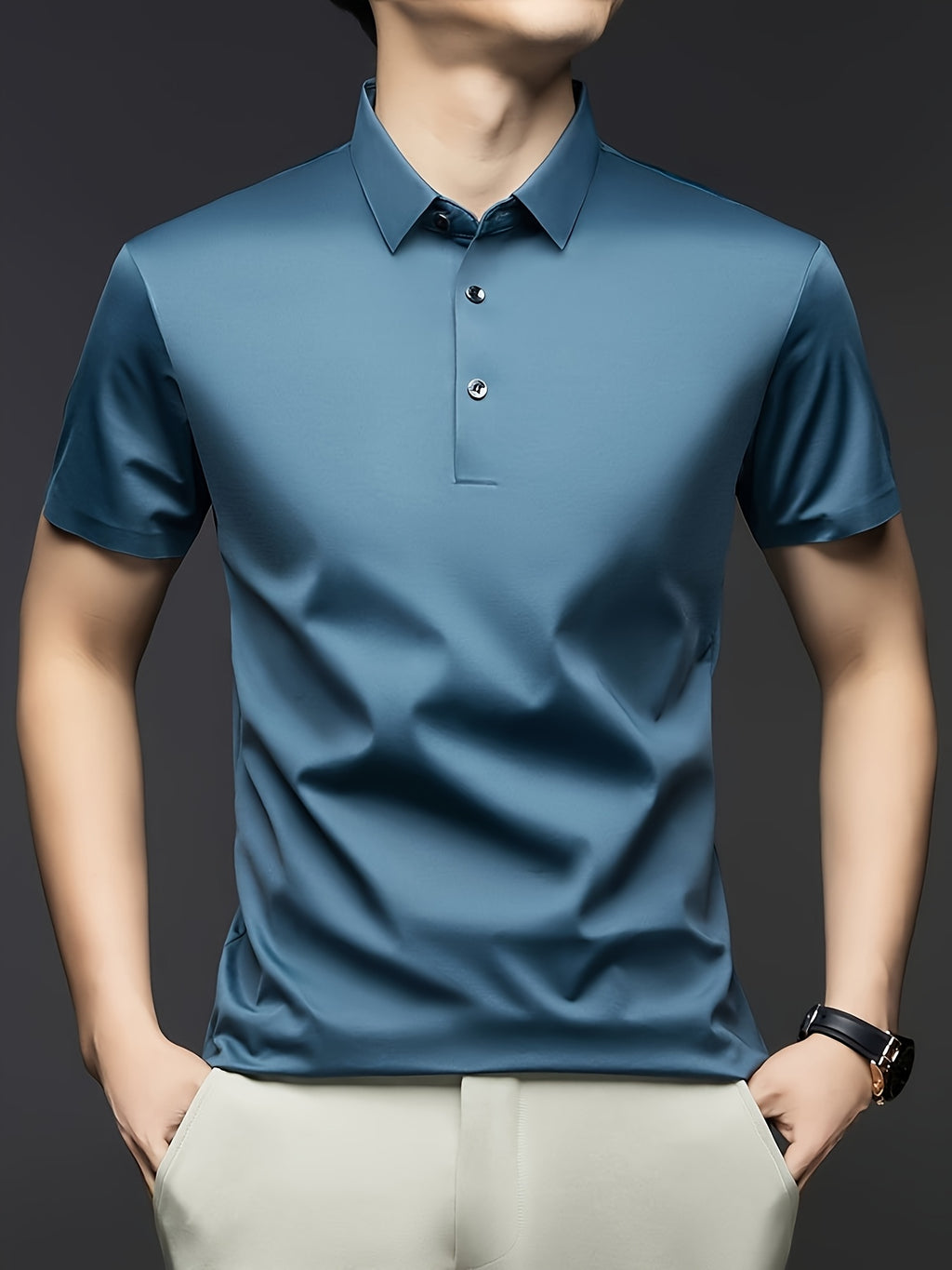NERO POLO Summer Middle-Aged Men'S Short-Sleeved T-Shirt with Mulberry Solid Color Lapel Polo Shirt Short-Sleeved T-Shirt Men - Blue