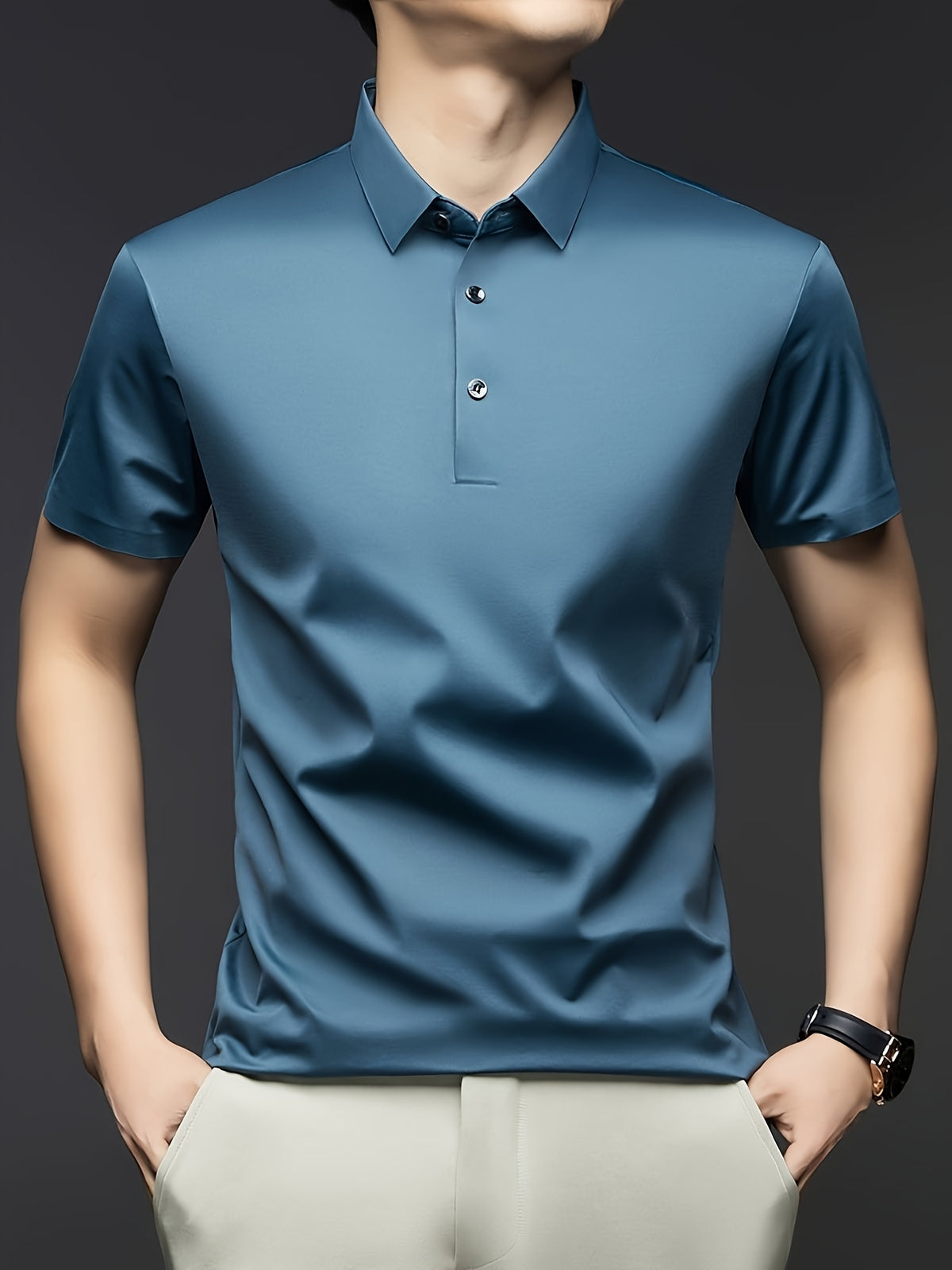 NERO POLO Summer Middle-Aged Men'S Short-Sleeved T-Shirt with Mulberry Solid Color Lapel Polo Shirt Short-Sleeved T-Shirt Men - Blue