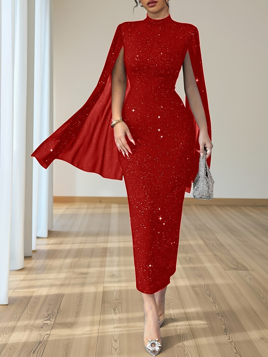 Women's Elegant Slim-Fit Shining Patchwork Dress with Starry Sky Print & Slit Sleeves - Mid-Length Pencil Dress, Stand Collar, Machine Washable for Weddings, Parties, Business Events - Year-Round Wear - Red