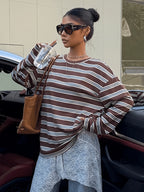 Vintage Brown/White/Blue Striped Oversized T-Shirt - Loose Fit Drop Shoulder Long Sleeve Top Suitable for Slightly Fuller Figures, Machine Washable Layering Piece for Fall Winter Wardrobe, Pilling & Fade Resistant Style - Mixed colors