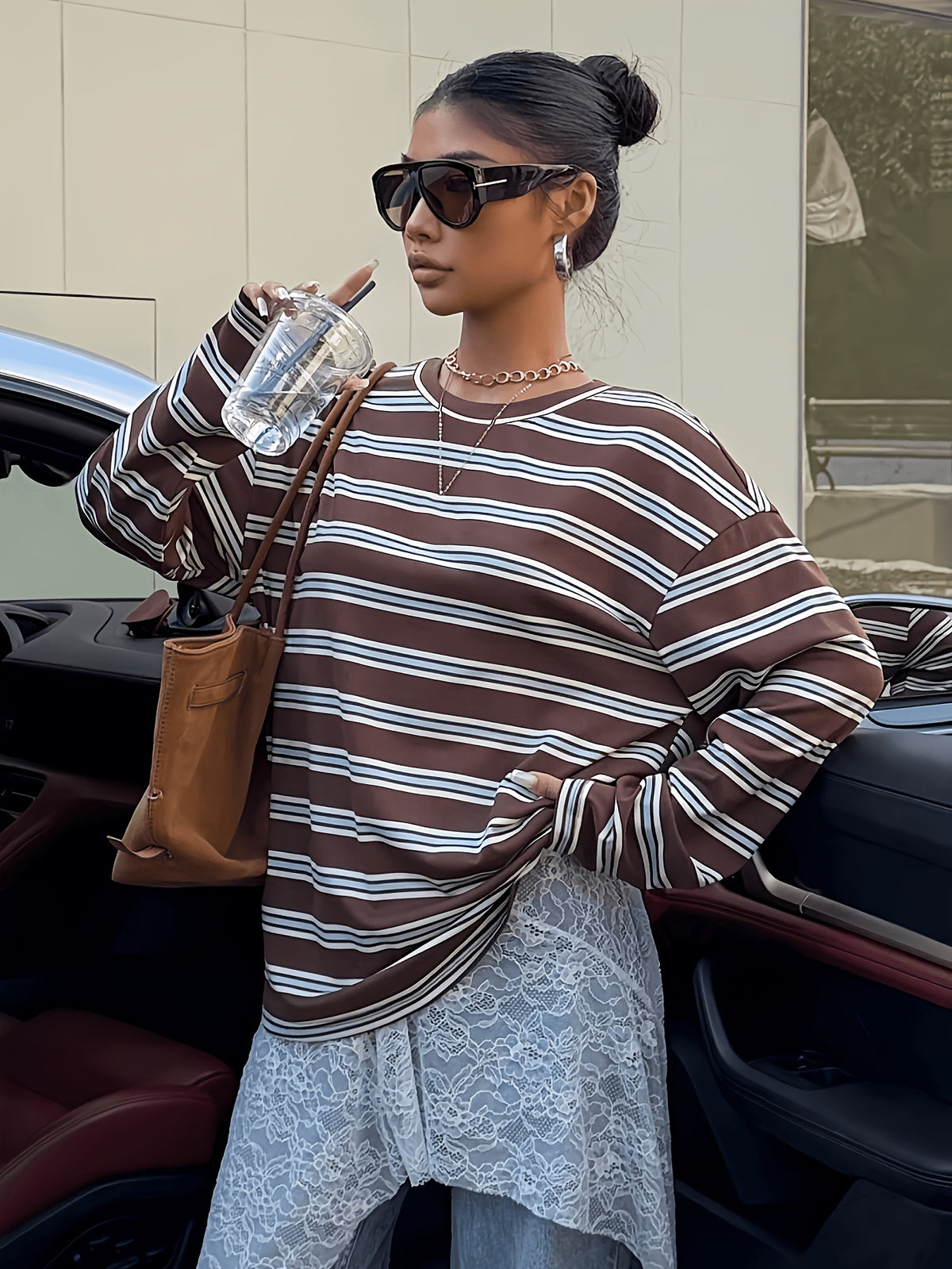 Vintage Brown/White/Blue Striped Oversized T-Shirt - Loose Fit Drop Shoulder Long Sleeve Top Suitable for Slightly Fuller Figures, Machine Washable Layering Piece for Fall Winter Wardrobe, Pilling & Fade Resistant Style - Mixed colors