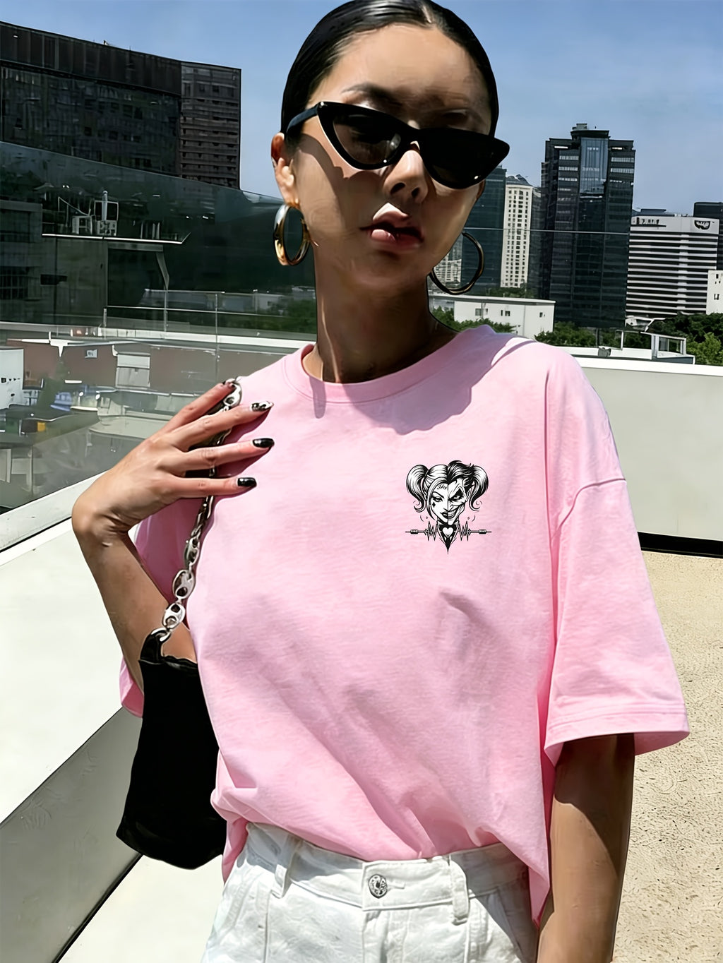 Women'S New Short-Sleeved T-Shirt, 100% T-Shirt Top, WB Brand Authorized "Joker" Joker Quinn Print Summer Breathable Top, Slim-Fit Women'S T-Shirt, Fashionable Women'S Clothing - Pink