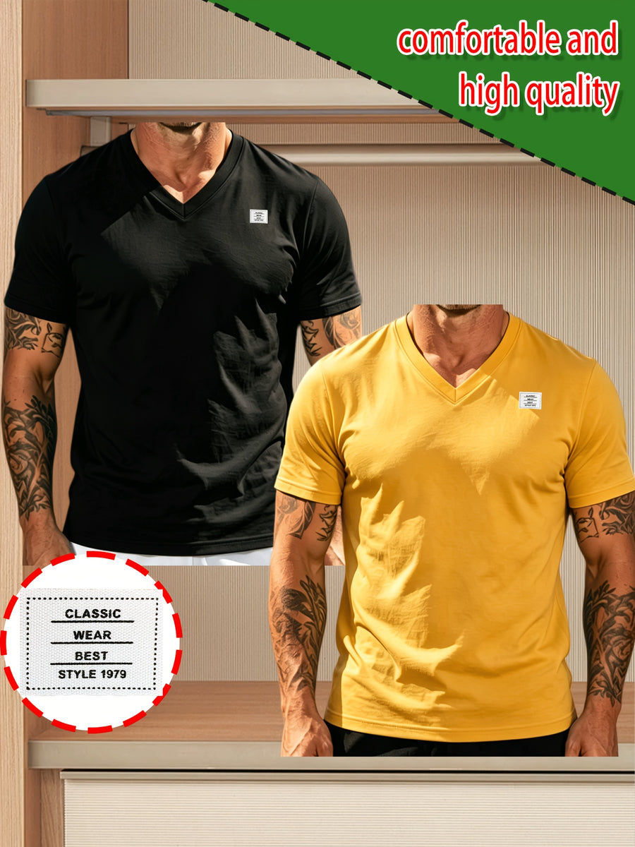 2pcs 100%, Men'S Knitted Solid V-Neck T-Shirt, Men'S T-Shirt New Chapter Design, Summer Global All-Season Base Layer Factory Made Men Comfortable High Quality High Fit Rate Casual Sports Top - Black+Yellow