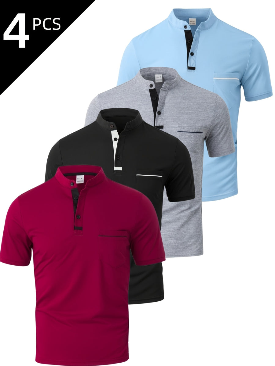 [Josh May OBM] 4pcs Set, Solid Color Stand-Up Collar Henley Shirts, Breathable Quick-Dry Casual Shirts, Lightweight Stretch, No Ironing Required, Durable And Wearable, Button-Up Design, Suitable for Summer Office, Yacht Wear, Casual Attire - Black+Grey+Light Blue+Wine Red