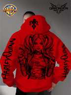 Warner Official Men'S Hoodie, Black And White Thread Draft Double Ponytail Quinn Hardcore Comic Print Design, Machine Washable, Warm And Casual for Autumn And Winter, Daily Drawstring Hoodie, Multi-Functional Sports And Leisure Loose Fit - Red