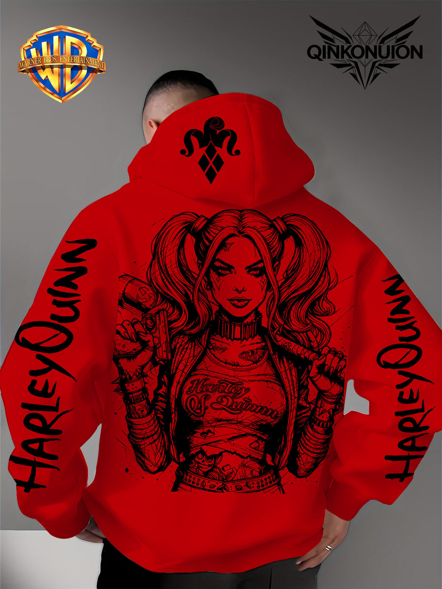 Warner Official Men'S Hoodie, Black And White Thread Draft Double Ponytail Quinn Hardcore Comic Print Design, Machine Washable, Warm And Casual for Autumn And Winter, Daily Drawstring Hoodie, Multi-Functional Sports And Leisure Loose Fit - Red