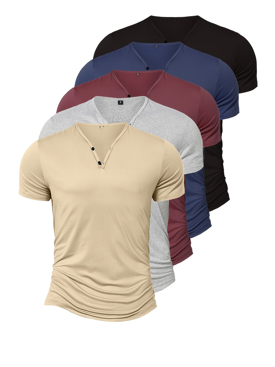 5-Pc, Men'S Lightweight Breathable V-Neck Henley Short Sleeve T-Shirts, Solid Color Button Detail, Slight Stretch Fitness Athletic Shirt, Comfortable Moisture-Wicking Sports Casual Henley, Suitable for Running, Training, Travel - Black Gray Blue Card Red