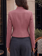 New Style Stand-Up Collar Irregular Slanted Lapel Suit, Solid Color Long Sleeve Cropped Waist-Defined Blazer with Lining - gray pink