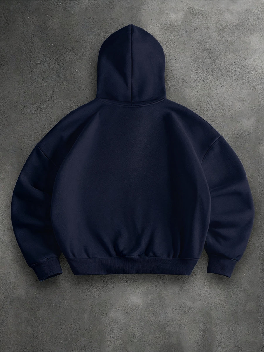 Men's Solid Color Drop Shoulder Zip-Up Sweatshirt, Double-Layer Hooded Sweatshirt Jacket, Long-Sleeve -Lined Jacket, Men's Zip-Up Cardigan for Spring/Autumn Casual Wear, Cropped Hooded Sweatshirt with Pockets and Drawstring, Suitable for Outings - navy blue 1