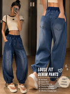Women's High Waisted Balloon Jeans, Elastic Waist Baggy Denim Pants, Classic Blue Casual Jogger Jeans with Pockets, Relaxed Fit Cuffed Ankle Trousers - Medium Blue