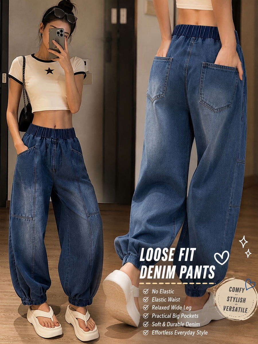 Women's High Waisted Balloon Jeans, Elastic Waist Baggy Denim Pants, Classic Blue Casual Jogger Jeans with Pockets, Relaxed Fit Cuffed Ankle Trousers - Medium Blue