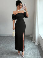 Party Sexy High-End Elegant Off-Shoulder Voluminous Sleeve Women'S Bridesmaid Dress, Suitable for Commute, Vacation, Afternoon Tea, Parties, Evening - Black