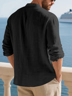 Pearson OBM 2pcs Men's Casual Fashion Simple Solid Color Textured Fabric Long-Sleeve Button-Up Shirt, Cool and Comfortable, Suitable for Daily Leisure and Outings, Essential for Spring and Autumn - Sky Blue + Black Combination