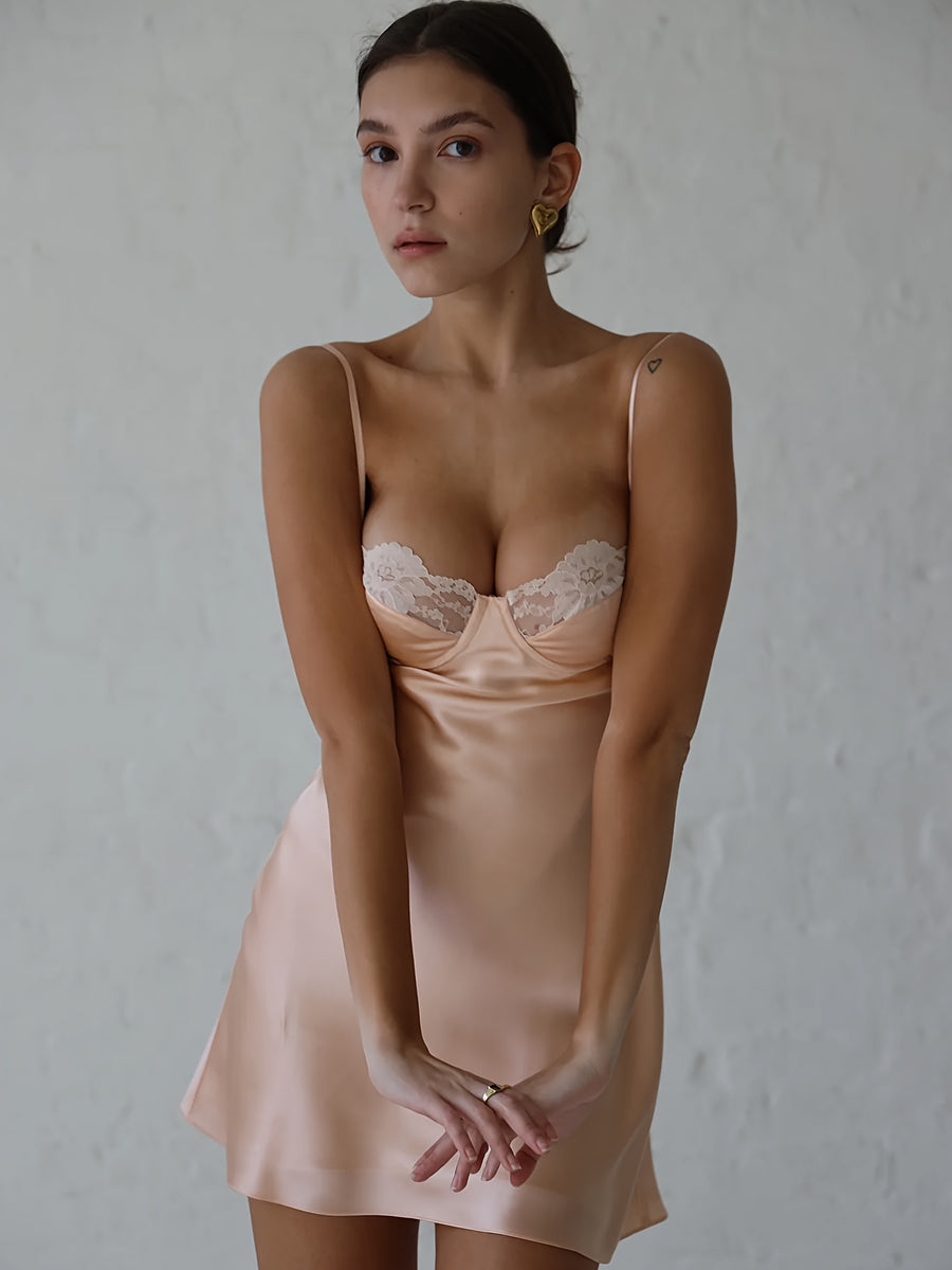 Sexy Satin Adjustable Strap Dress with Lace - Elegant Night Dress Specially Designed for Women, Petticoat-Style Underwear Pajamas - Pink