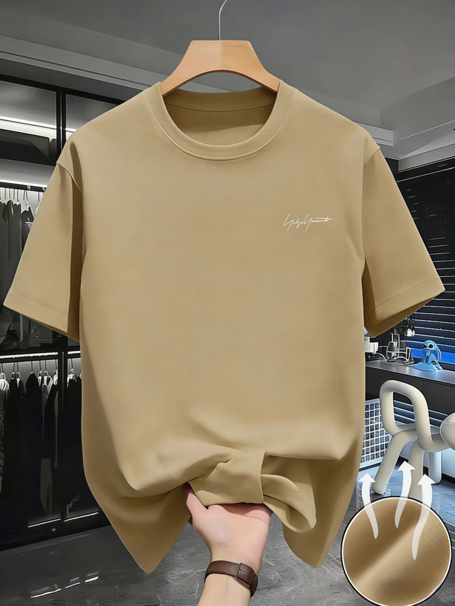 Casual Minimalist Style, Men's T-Shirt, Small Embroidered Letter Design, Summer Daily Wear, Gift for Boyfriend Or Husband - Khaki