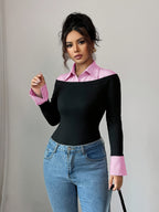 Autumn/Winter Slim-Fit Two-in-One Polo Collar Long-Sleeve Shirt, Vintage Color Block Polo Collar Slim-Fit Sexy Long-Sleeve T-Shirt, Elegant Commuter Bodycon AB Collar Flared Cuff Long-Sleeve Half-Open Placket Striped Multicolor T-Shirt - Pink Stripes