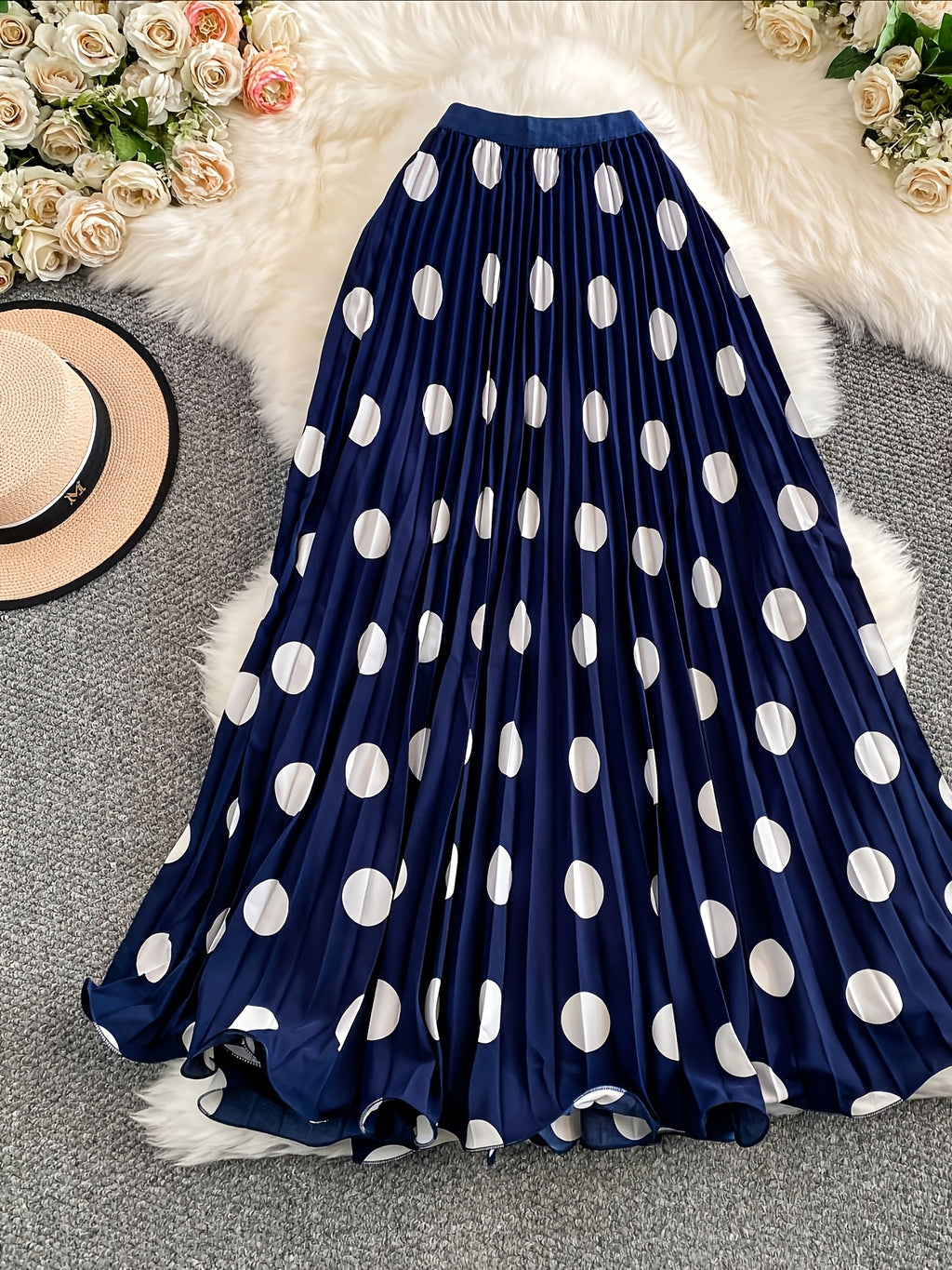 Women'S Elegant Pleated Long Skirt, Fashionable Versatile Polka Dot Half Skirt - Royal Blue