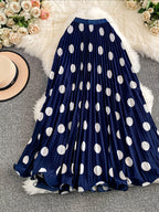 Women'S Elegant Pleated Long Skirt, Fashionable Versatile Polka Dot Half Skirt - Royal Blue