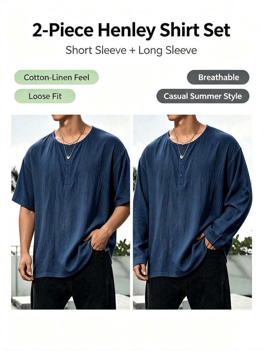 2pcs Men'S Linen Henley Shirt Set, Short Sleeve And Long Sleeve 2pcs Combination, Loose Breathable Vacation Style Casual Top - Navy Color
