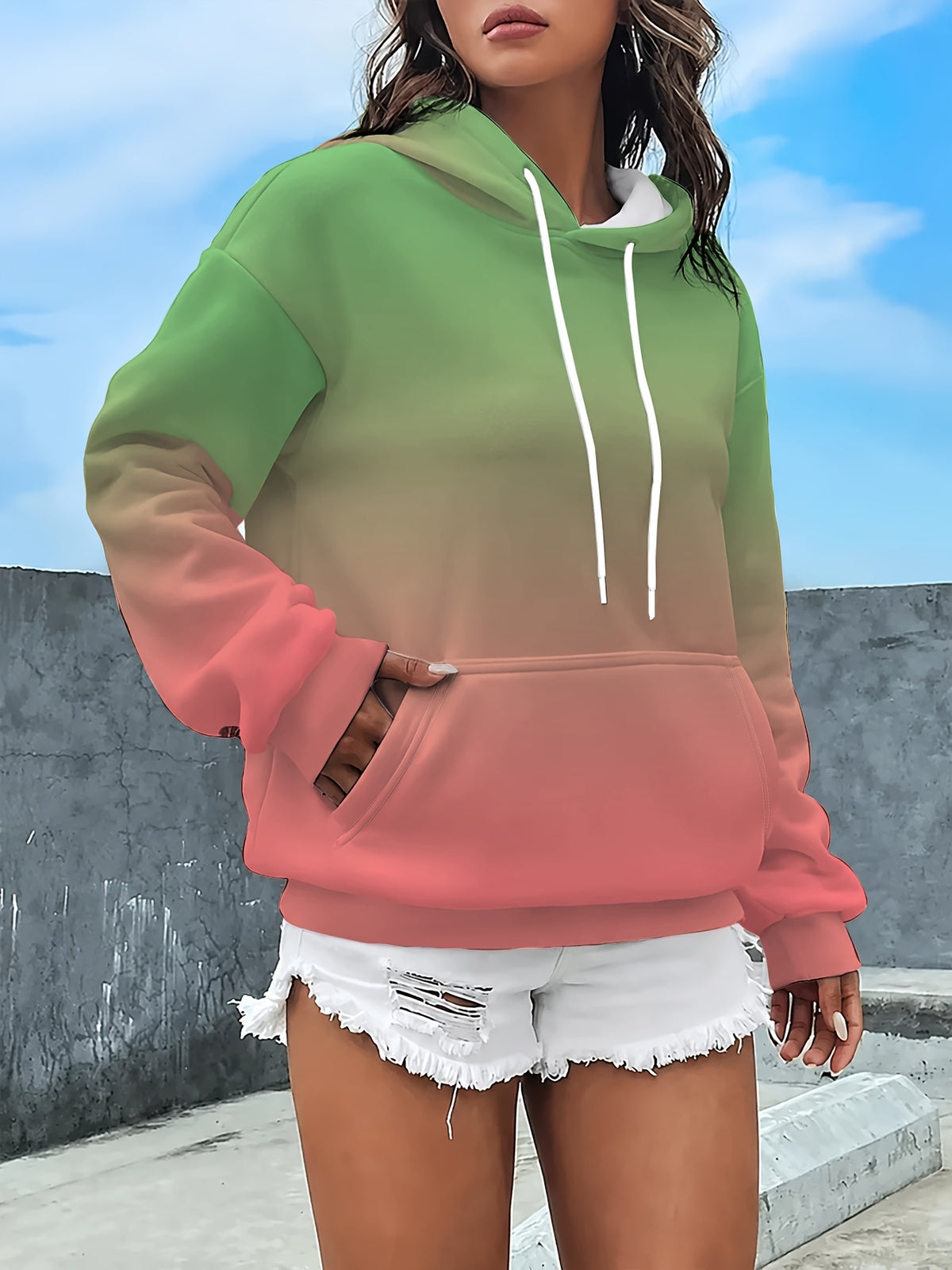 Women'S Long Sleeve Drawstring Sweatshirt, Casual Loose Pocket Sweatshirt - Mixed colors