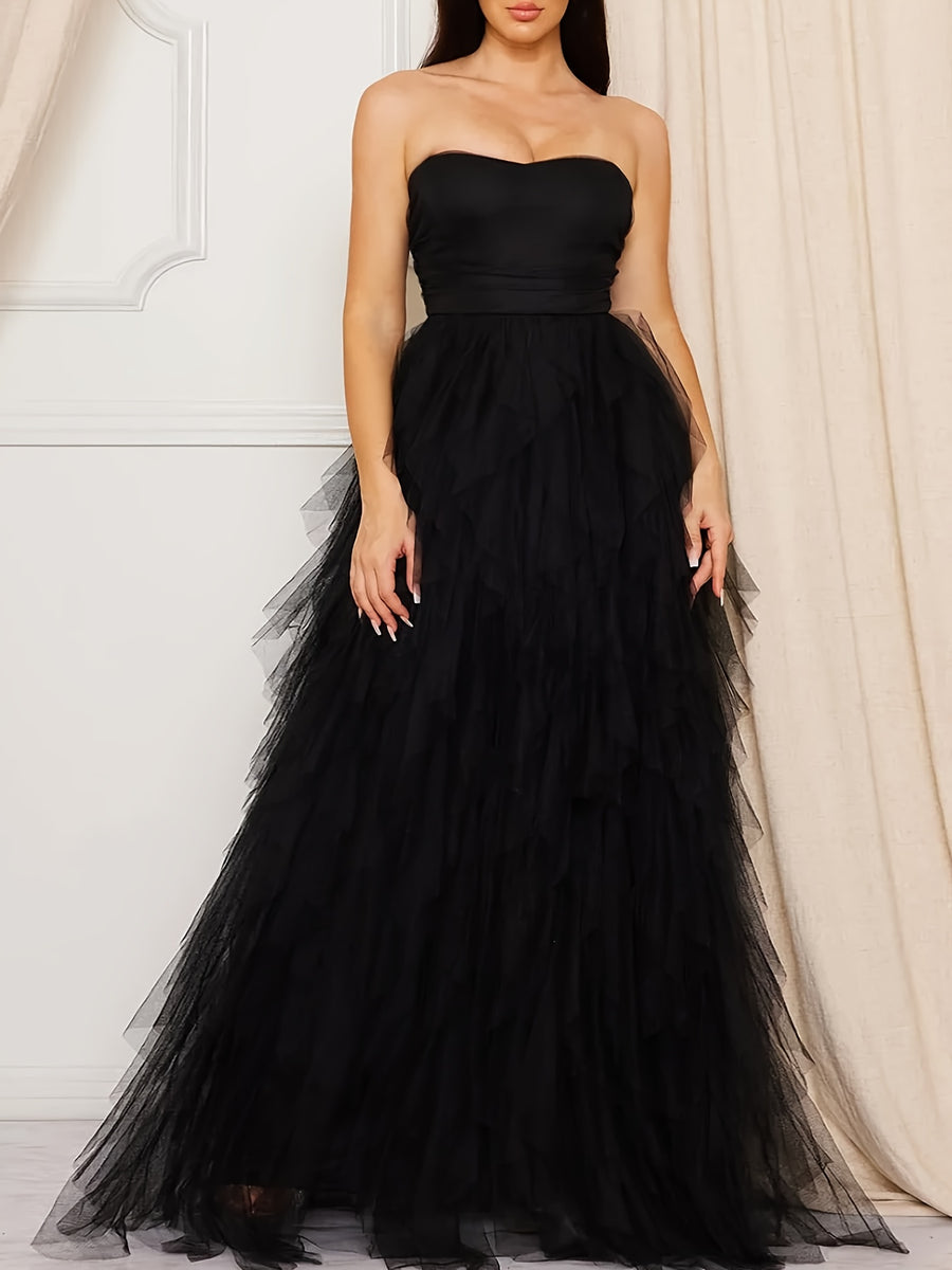 A Strapless Wedding Dress with Layered Ruffled Tulle Skirt And High Slit Hem - Perfect for Classic Weddings, Graduations, Evening Parties, Birthdays, And Other Occasions for Women, As Well As for Brides - Black
