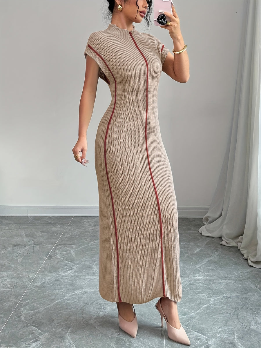 Maillard Style Women's Dress with Half-Turtleneck, Contrast Color Stripes, Slim-Fit Maxi Dress, Minimalist High-End Waist-Cinching Over-Knee Skirt, Commuter Elegant Versatile Women's Long Dress Fabric Maxi Dress - Pink Color