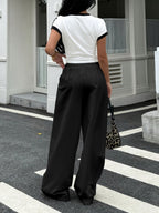 Women's 2pcs Set: Black and White Contrast Striped Cropped Top + Letter-Print Waistband Wide-Leg Pants in Western Hot Style - Black White