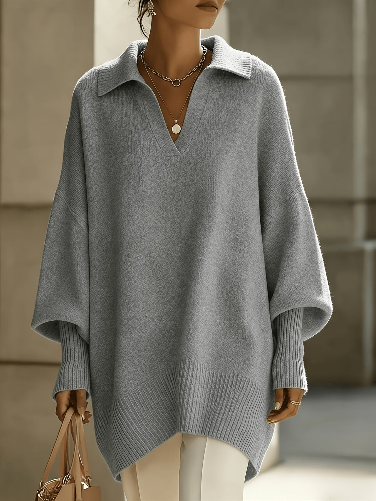 New Autumn/Winter French-Style Elegant Pullover, Polo Collar with V-Neckline, Batwing Sleeves and Drop Shoulder Design, Elegant, Comfortable, and Skin-Friendly, Women's Autumn/Winter Clothing, New Autumn Women's Style, Stylish Sweater, Popular Korean - Slate Grey
