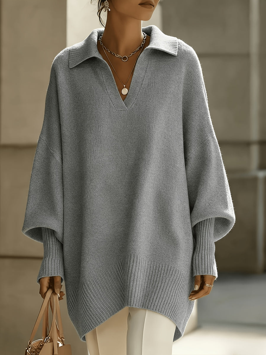 New Autumn/Winter French-Style Elegant Pullover, Polo Collar with V-Neckline, Batwing Sleeves and Drop Shoulder Design, Elegant, Comfortable, and Skin-Friendly, Women's Autumn/Winter Clothing, New Autumn Women's Style, Stylish Sweater, Popular Korean - Slate Grey