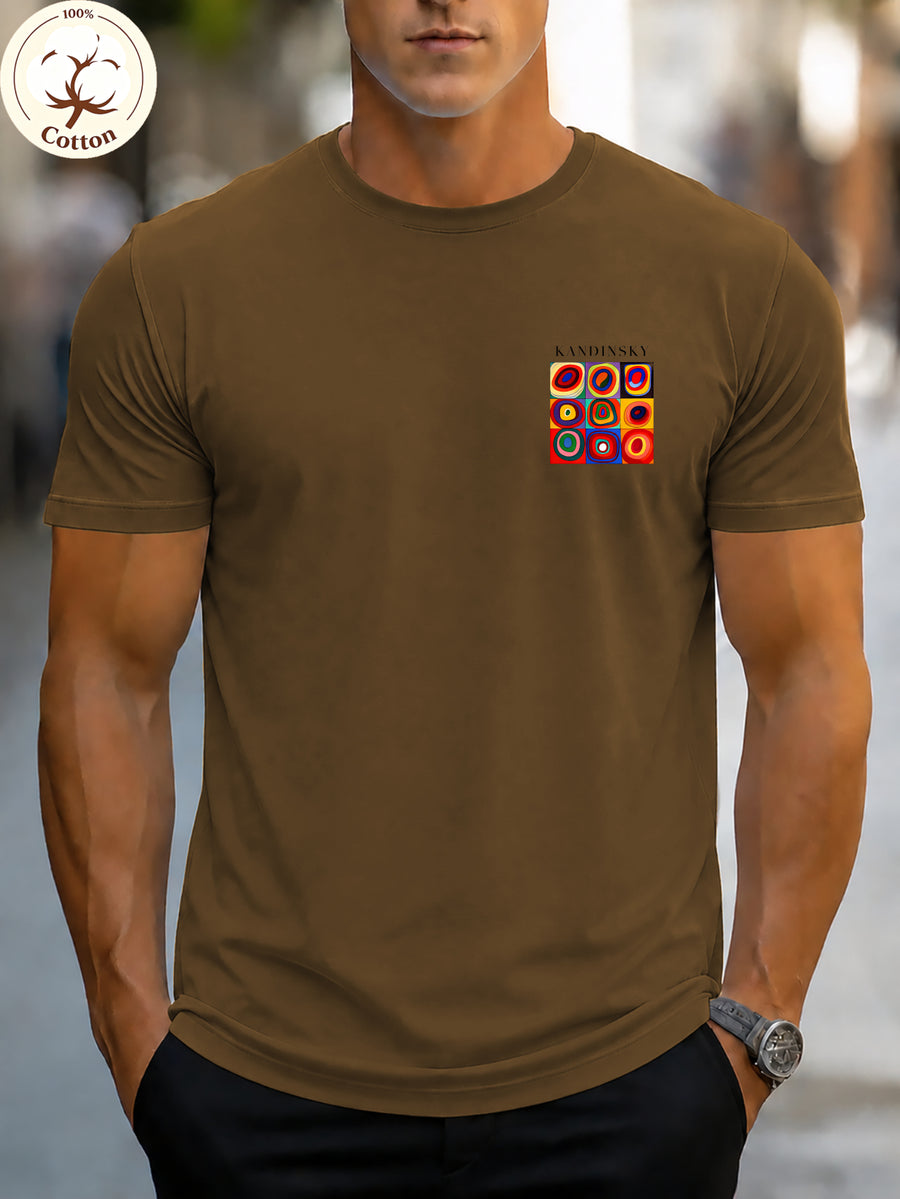 New High Quality Men's T Shirt 100% Cotton, Artistic Geometric Colorful Squares Print, Casual Daily Wear Streetwear Fashion, Short Sleeve Round Neck Top Machine Washable - Dark Brown