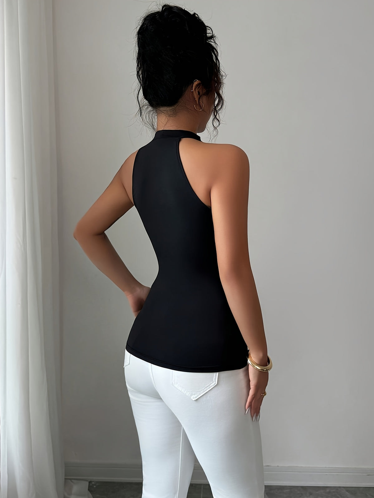 Women'S Stylish Lace Trim Halter Sexy Versatile Tank Top - Black